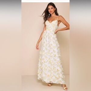 NWT Lulus Gorgeous Cream & Yellow Floral Burnout Lace-Up Tiered Maxi Dress S